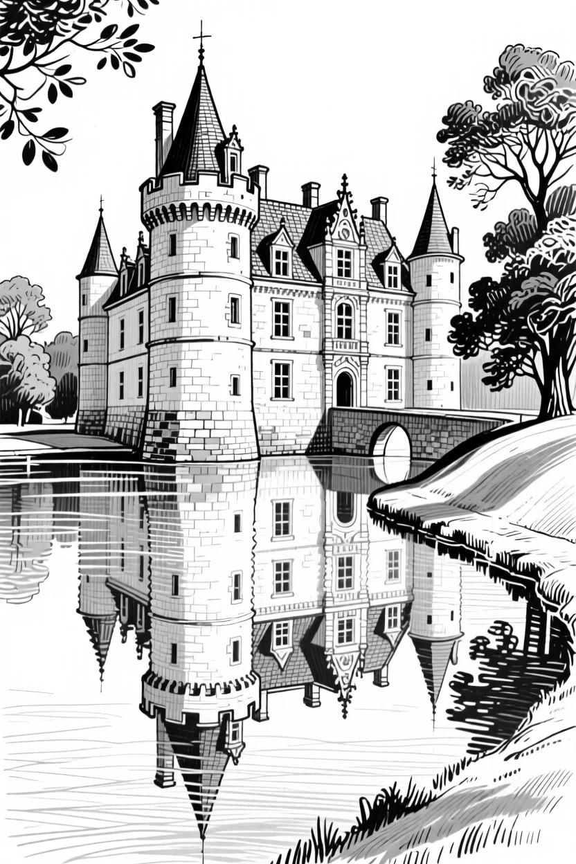 The historic castles of the Loire Valley reflected in still moats.