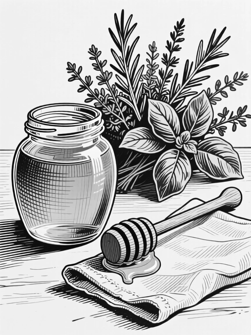 A jar of honey with a wooden dipper set beside a bouquet of fresh herbs, with a folded linen napkin nearby, presented in a fresh and vibrant culinary still life.