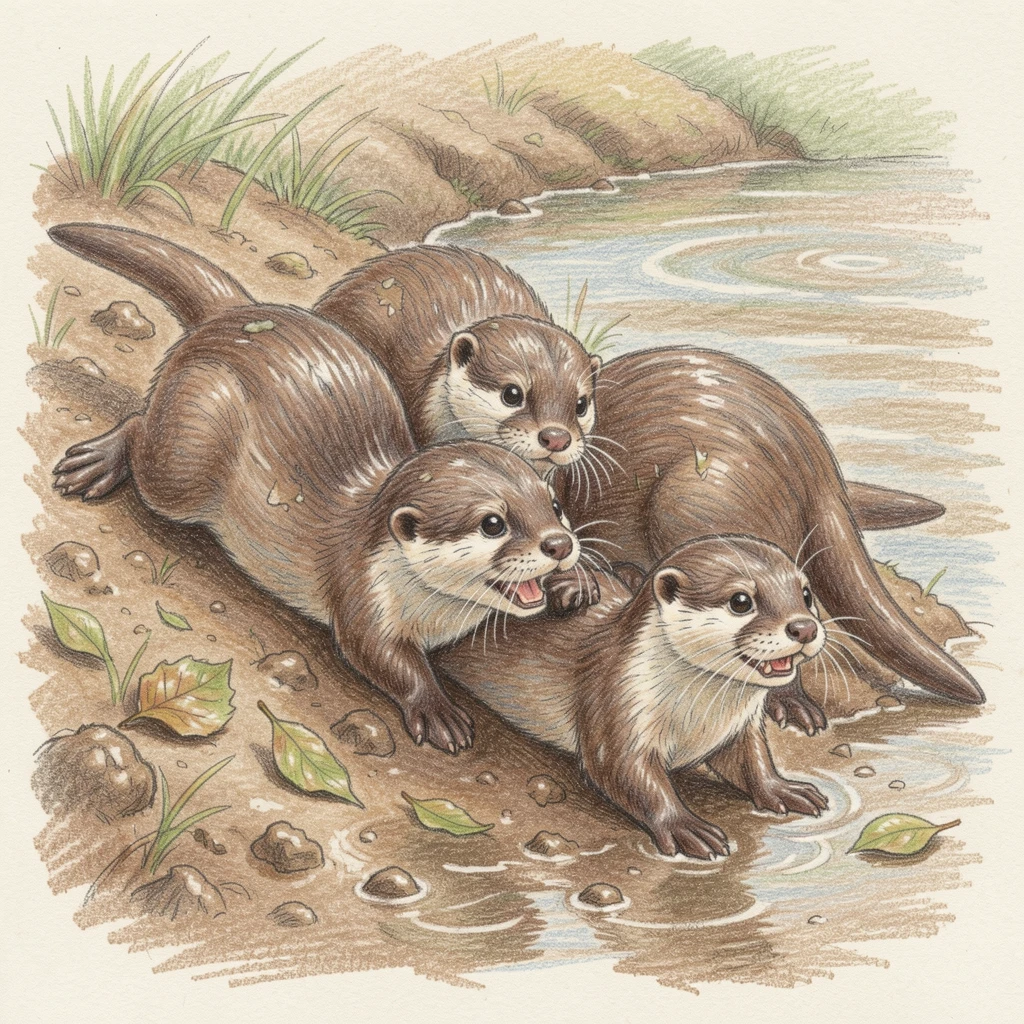 A family of otters sliding down a muddy riverbank, with delicate details that reward a closer look, designed to feel inviting, memorable, and shareable.