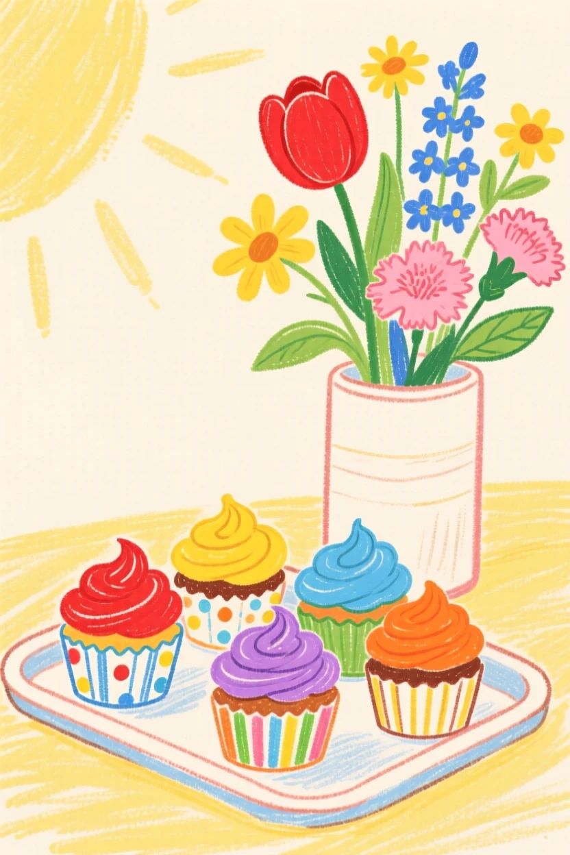 A tray of colorful cupcakes set beside a vase of fresh flowers.