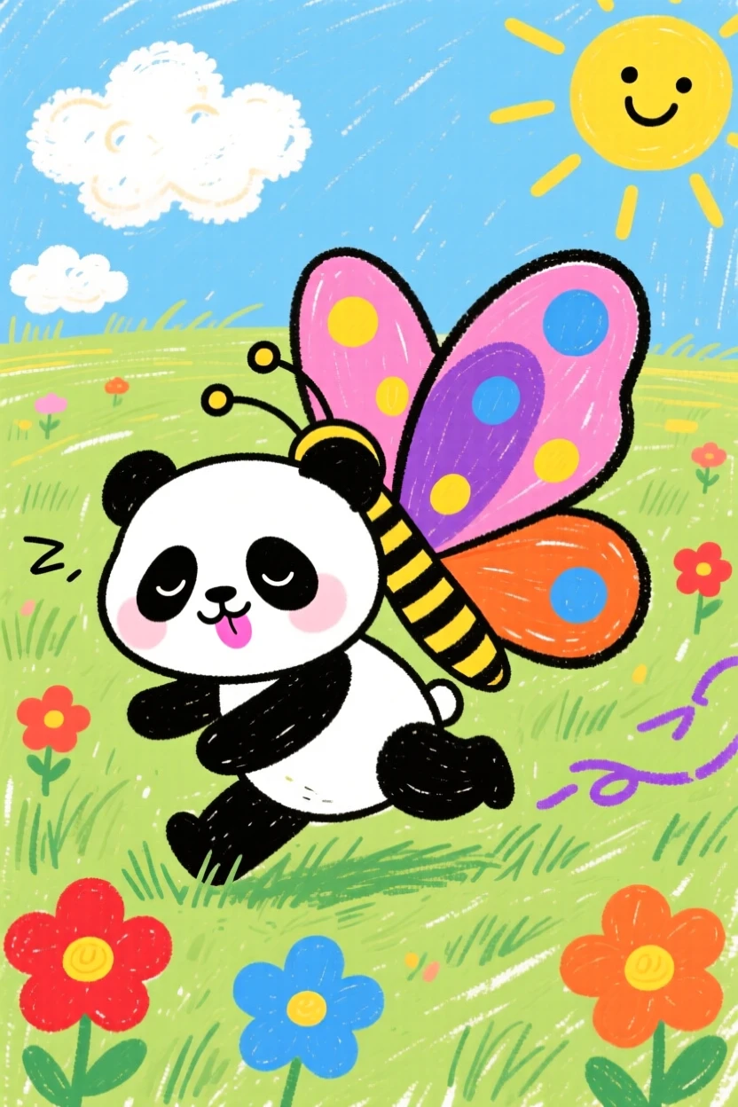 A sleepy panda cub chasing a butterfly across a sunny field.