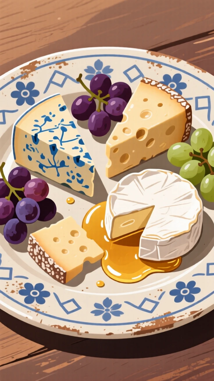 A rustic cheese board with honey drizzle and fresh grapes, placed on a vintage ceramic platter, arranged with complementary colors for visual appeal, with glossy highlights that make the dish look freshly made.