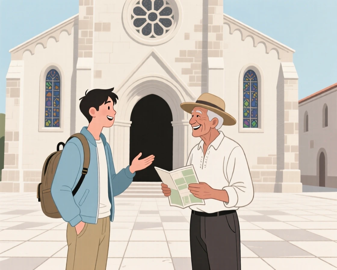 A traveler chatting with a local near a historic cathedral.