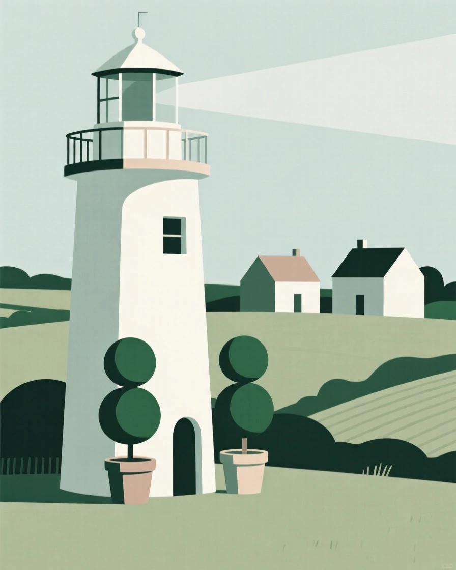 A quiet corner of a lighthouse tower within a quiet countryside village, featuring potted topiary trees, full of architectural harmony.
