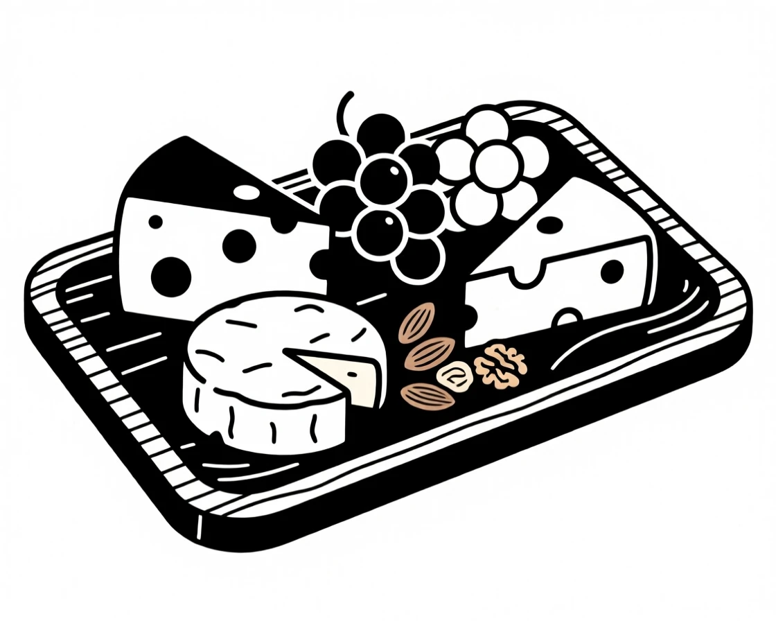A rustic cheese platter with grapes and nuts.