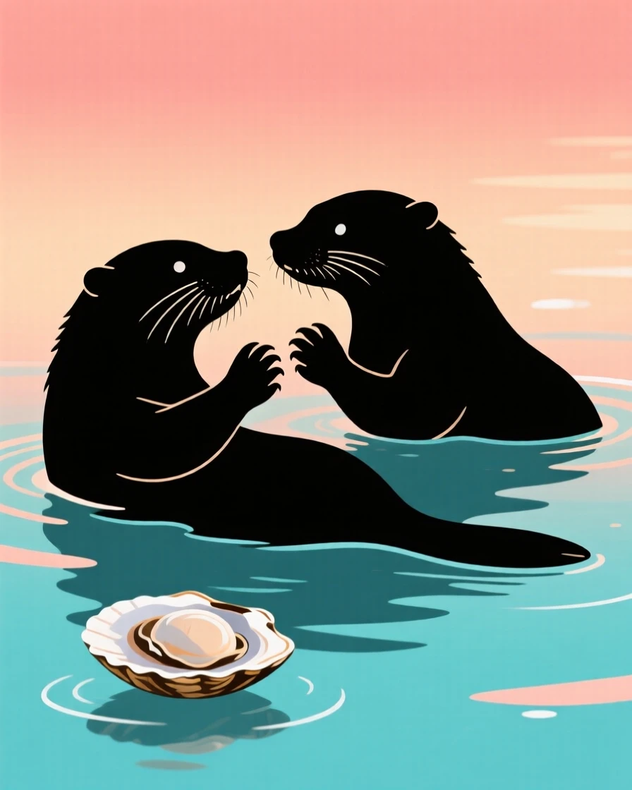 A pair of otters cracking open shellfish while floating on their backs.