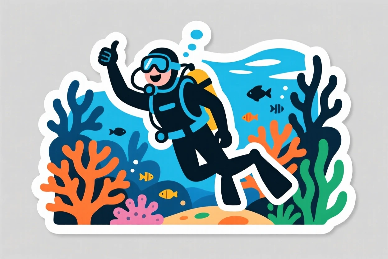 A beaming with excitement scuba diver exploring a coral reef, taking a short pause to admire their progress, at a scenic outdoor location.