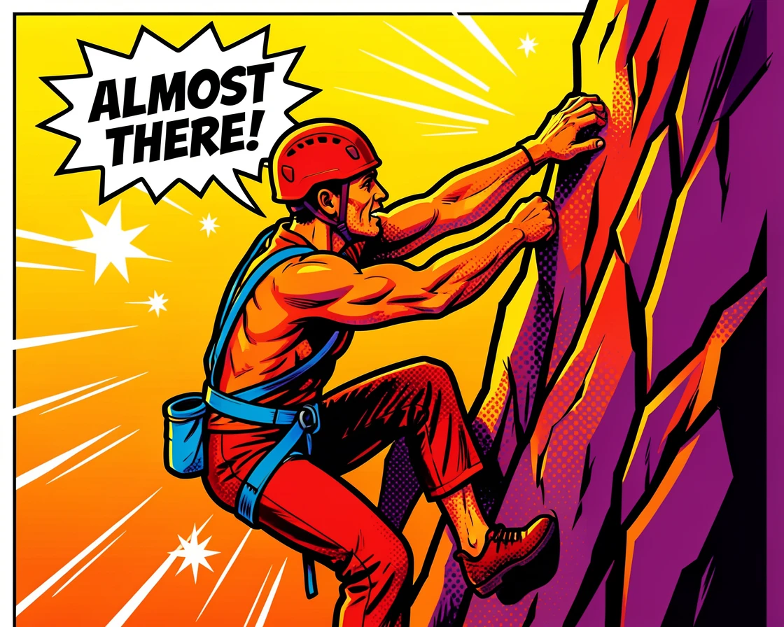 A rock climber reaching for the final hold on a cliff