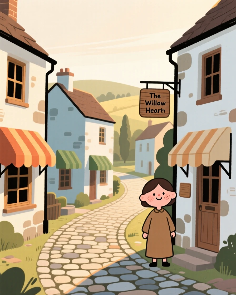A cobblestone lane winds through a small countryside town lined with stone cottages and striped awnings, quiet in the early morning light.