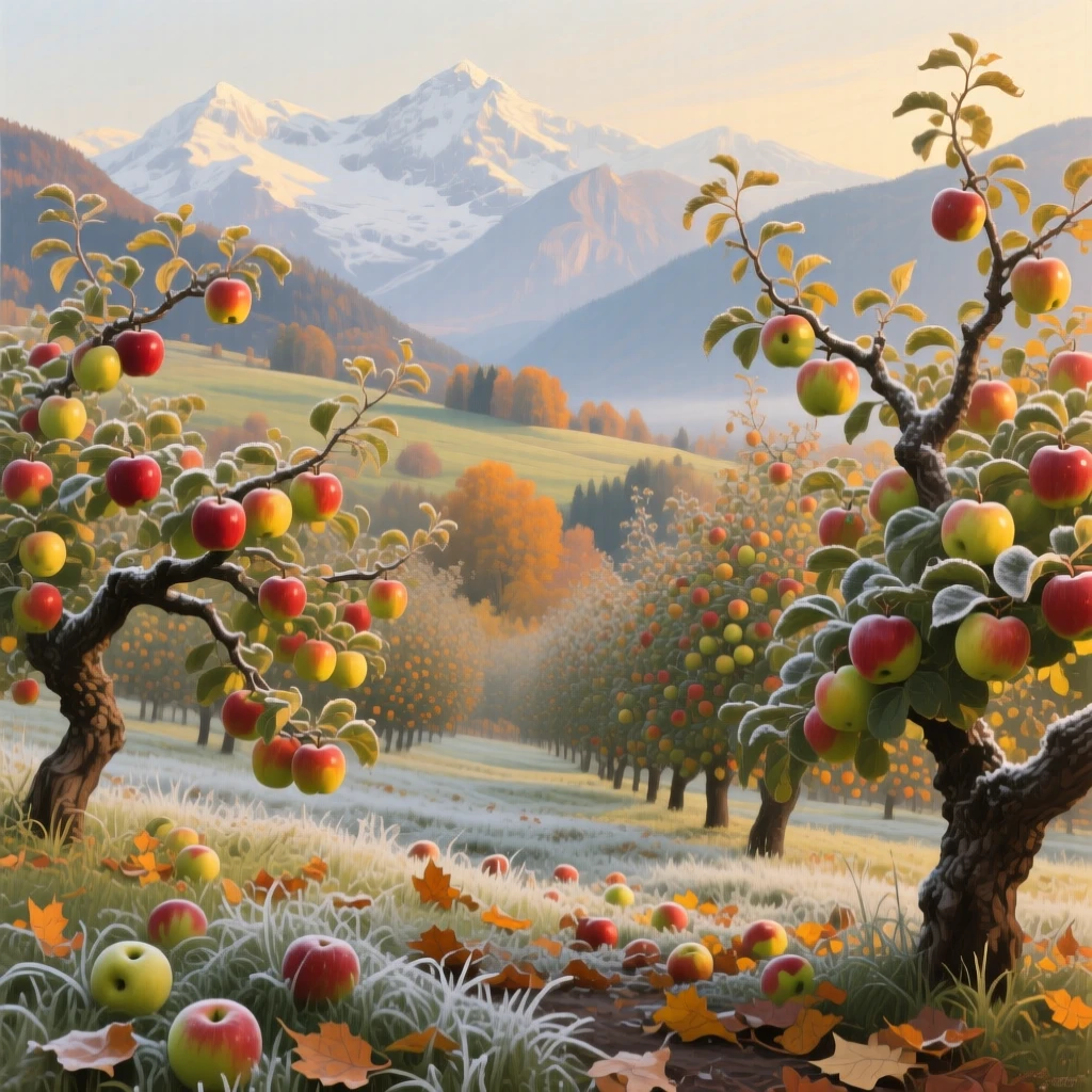 A sweeping wide shot of an orchard heavy with ripe apples ready for harvest, in the Swiss Alps, during the first frost of autumn, in a soft summer breeze.