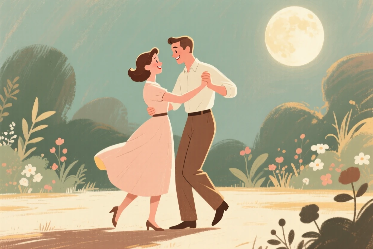 A young couple dancing together in a moonlit garden
