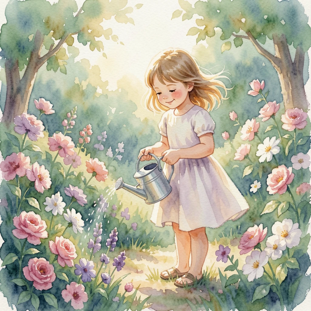 A little girl watering flowers with a small tin can on a warm sunny afternoon.