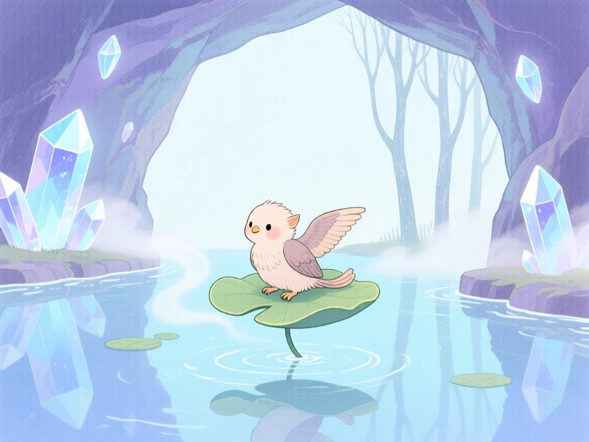 A tiny baby griffin rides atop a drifting lily pad in a crystal cave glowing softly, as a gentle mist curls through the trees