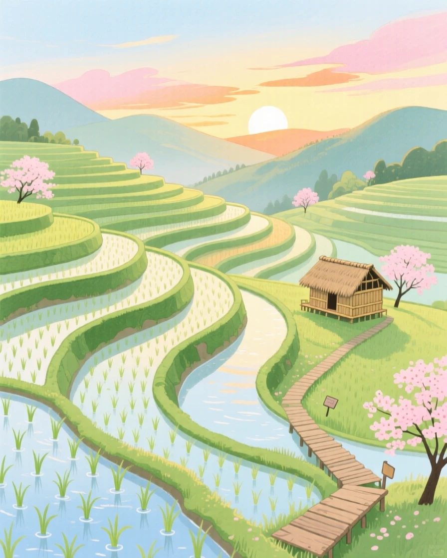 A panoramic scene of a terraced rice field at sunrise in early spring.