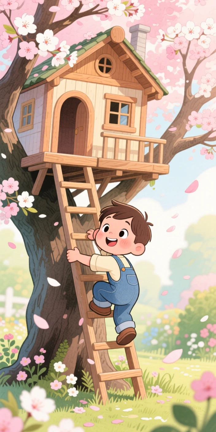 A small boy in overalls climbing a tree house ladder with excitement, in a blossoming cherry tree garden, radiating sweetness and gentle curiosity.