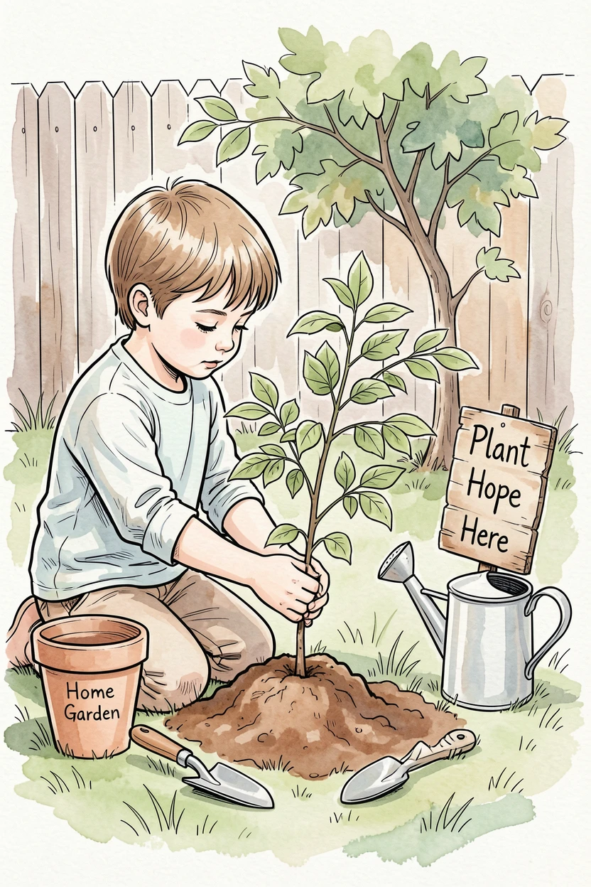 A child planting a small tree in the backyard with careful hands, the surrounding setting adding a sense of everyday charm.