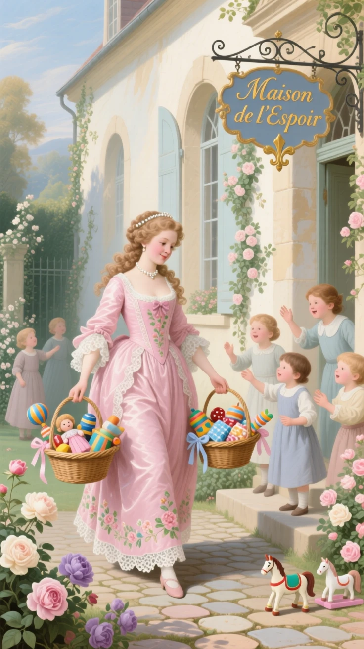 A princess visiting an orphanage with baskets of toys and sweets  