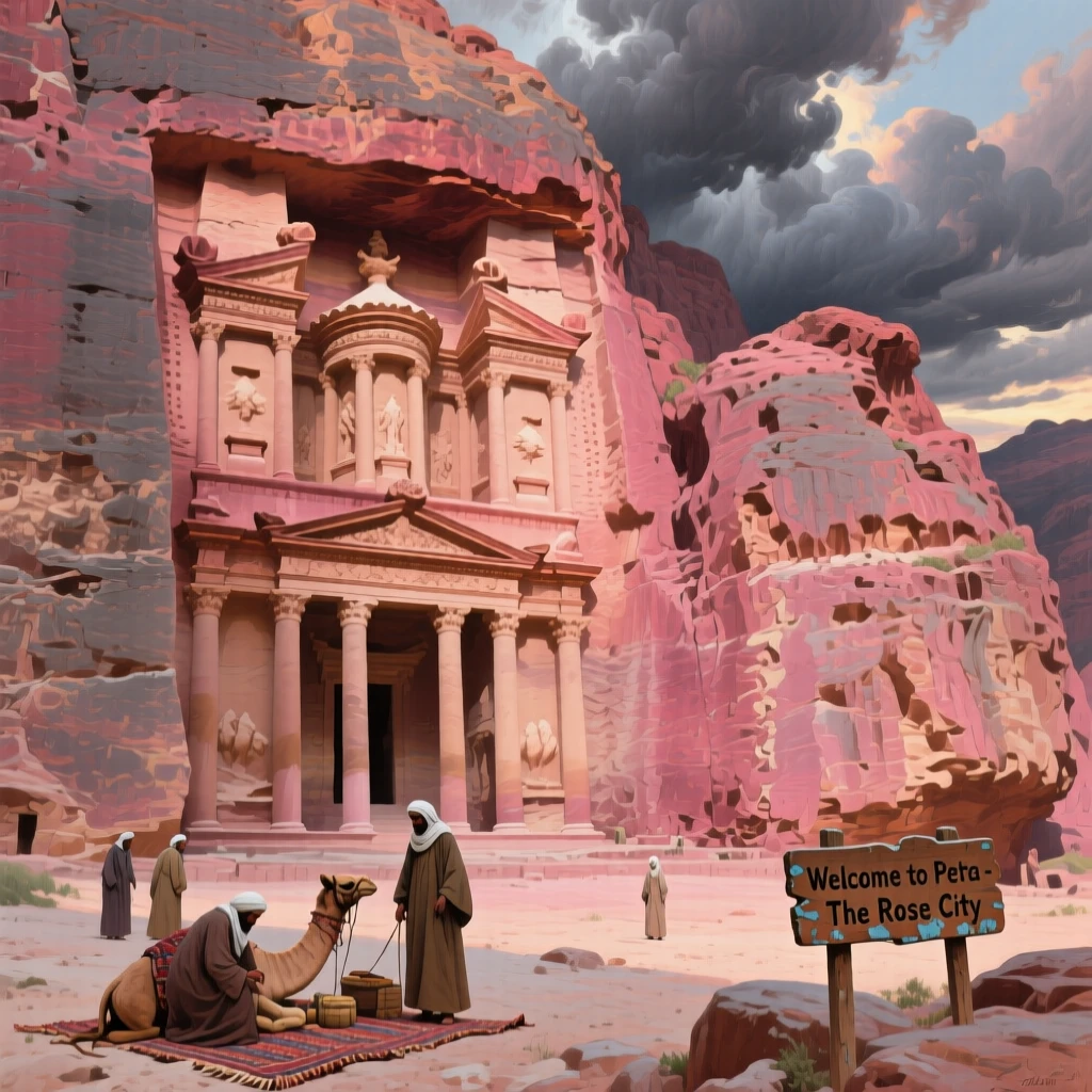 The dramatic Petra treasury carved directly into rose-colored rock, as a dramatic sky adds depth and atmosphere to the skyline, offering a striking, postcard-worthy view of an iconic destination
