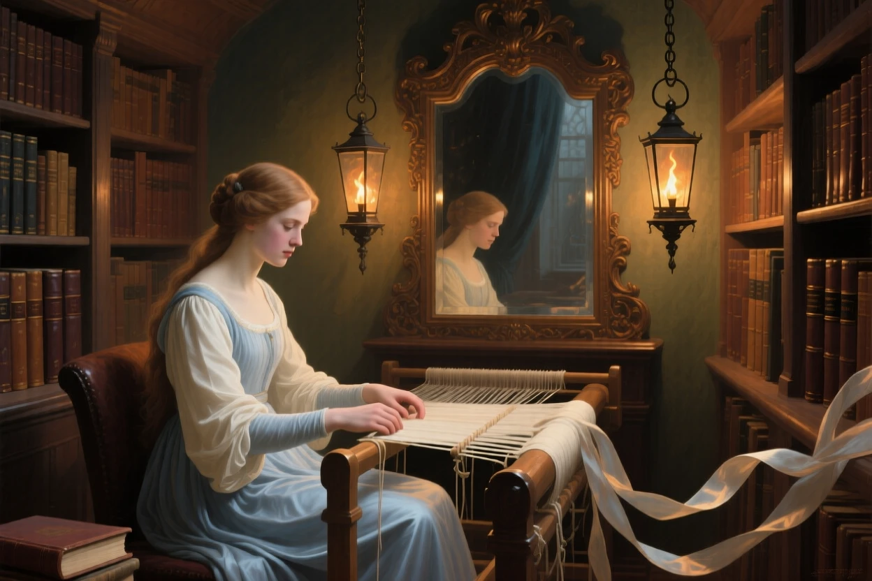 The lady of Shalott weaving at her loom before a fateful mirror in a scene familiar yet freshly reimagined, set within a cozy library filled with worn, beloved books, with lanterns swaying gently and silk ribbons catching the breeze; the composition frames the central figure like a page brought to life, capturing the enchantment of tales passed down through generations.