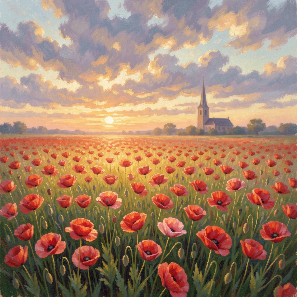 A field of red poppies swaying beneath a dramatic cloud-filled sky, a distant church steeple rising above the horizon, under a glowing sunset sky.