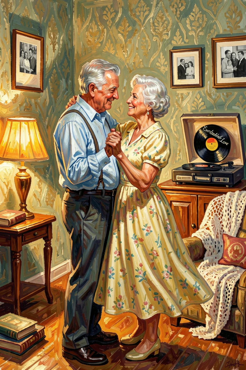 Grandparents dancing slowly together in their living room to an old record.