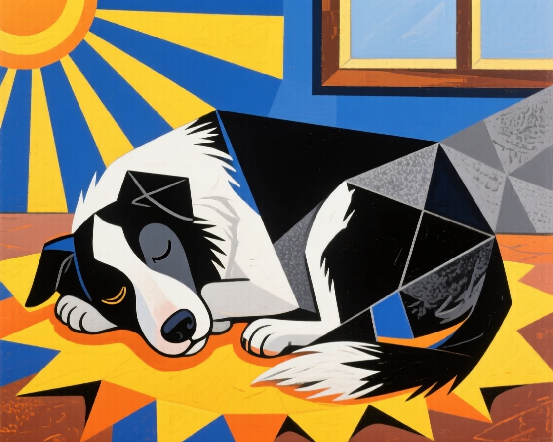 A charming close-up of a spirited border collie curled up asleep in a warm patch of sunlight on a bright afternoon.