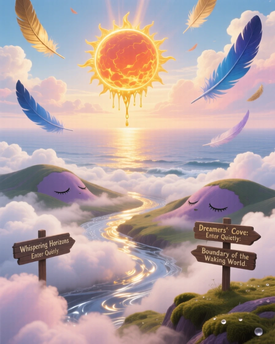 A sun setting into an ocean made entirely of soft clouds casts a soft glow across a still and quiet landscape, as a soft golden light spills over distant sleeping hills.