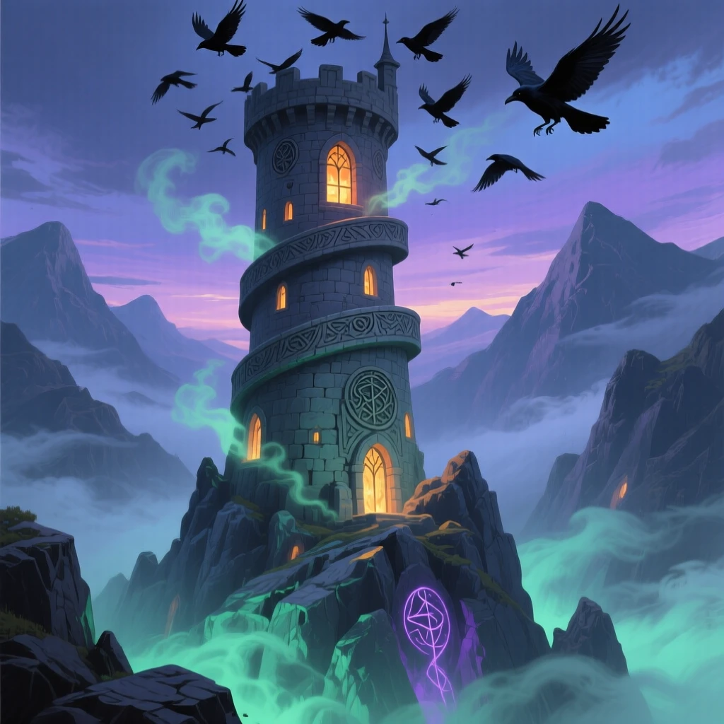 A wizard's tower rises from a misty mountain peak, glowing windows scattered up its spiraled height, ravens circling in the twilight sky above, an otherworldly light source casting soft, unnatural color across the surrounding environment.