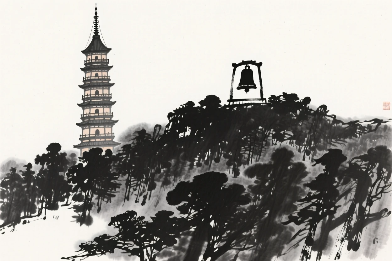 A tall pagoda rises from a forested hillside, its tiers visible above the treetops, with a bell tower rising above the surrounding trees.