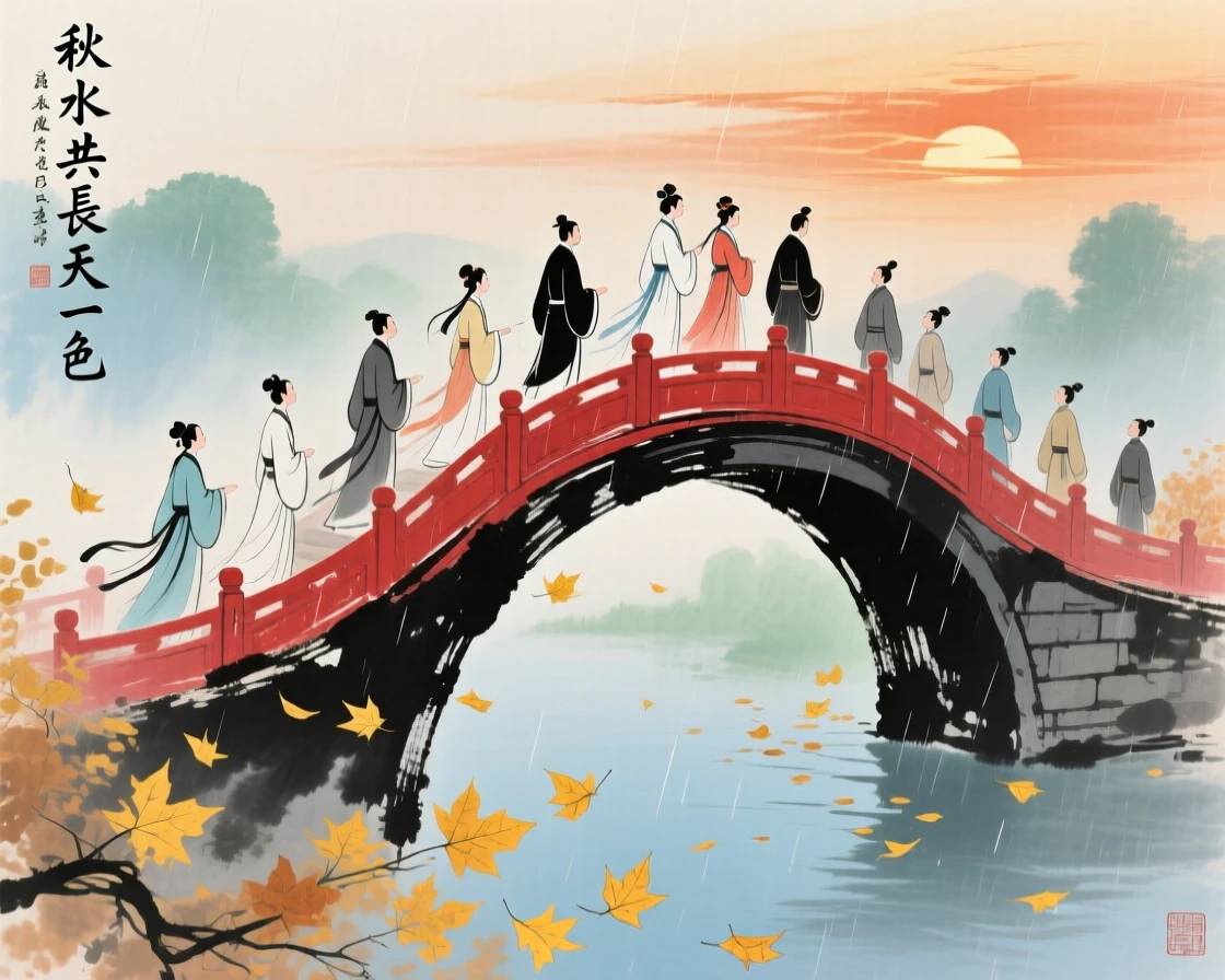 A wedding procession crossing a red lacquered bridge at sunset, carrying a mood of wistful nostalgia, as autumn leaves turn golden, just after a rain shower.