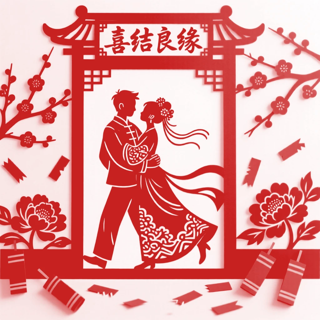 A groom crossing a threshold carrying his bride, red firecracker paper scattered across the doorway