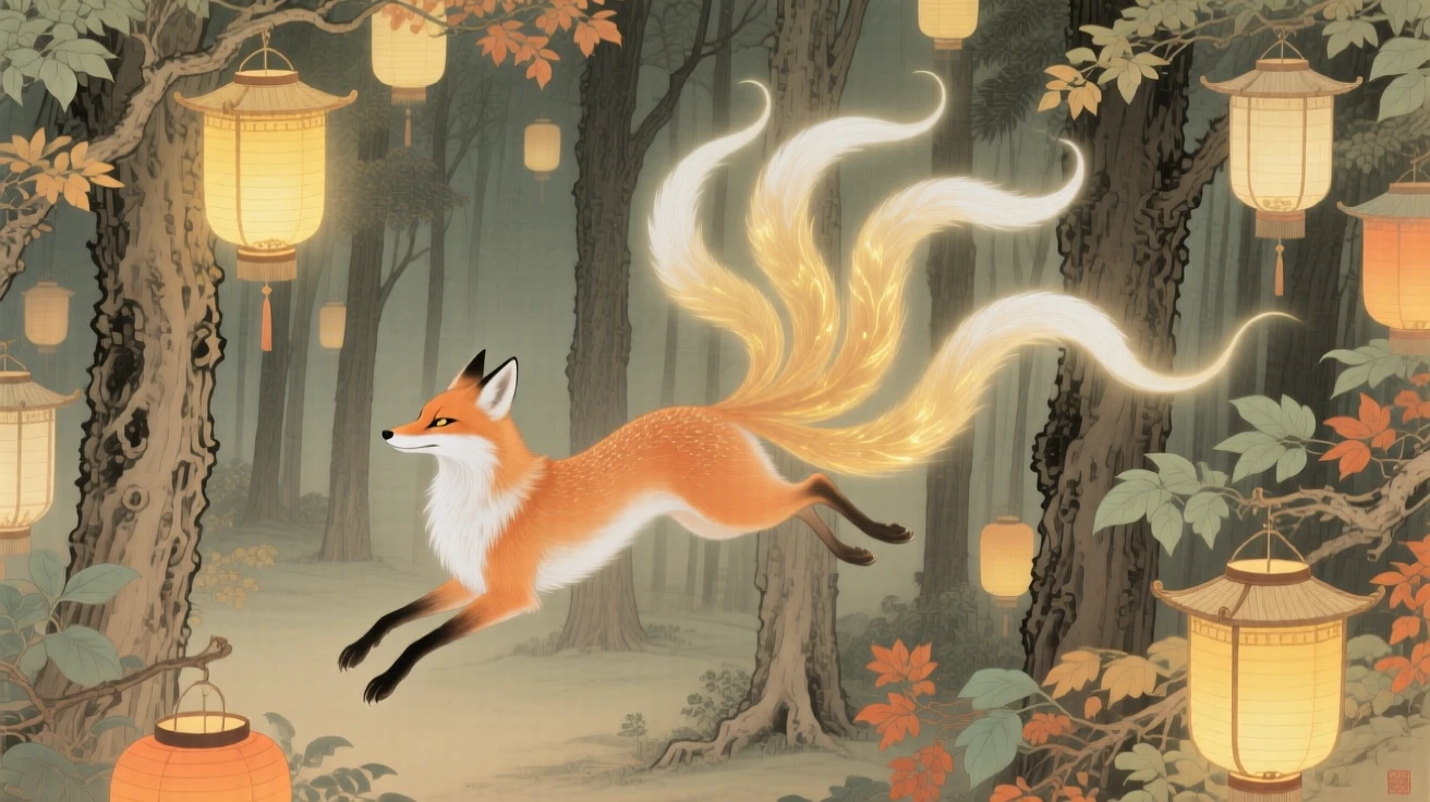 A spirit fox leaping lightly with nine glowing tails trailing behind through a forest of glowing lanterns