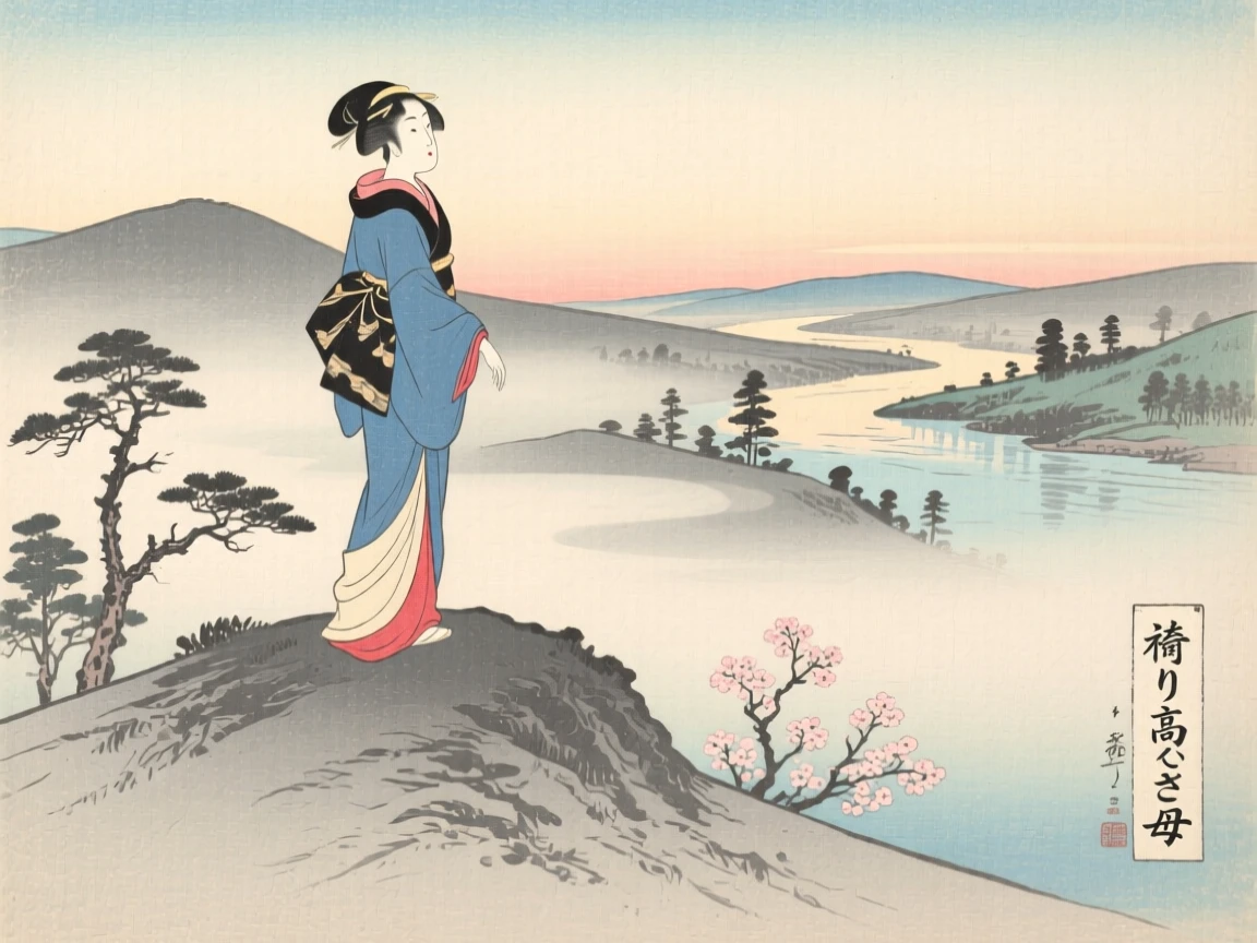 A mother standing proudly atop a misty hill.