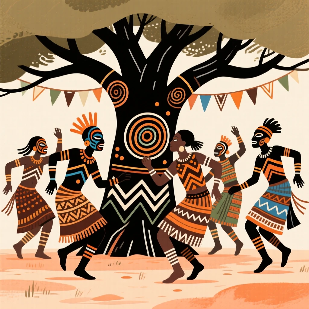 A festival dance troupe practicing beneath the shade of a tree.