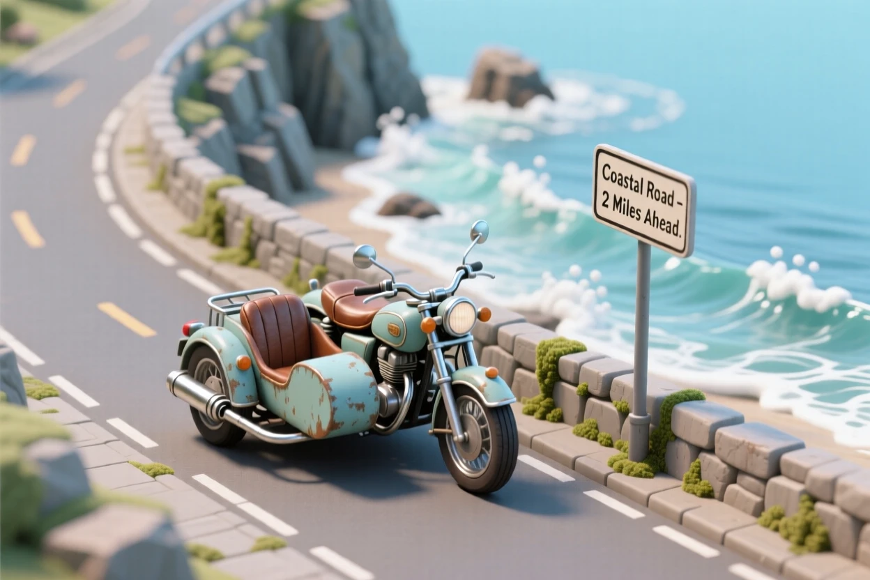 A vintage motorcycle with a sidecar parked along a coastal road, waves crashing against cliffs in the background.