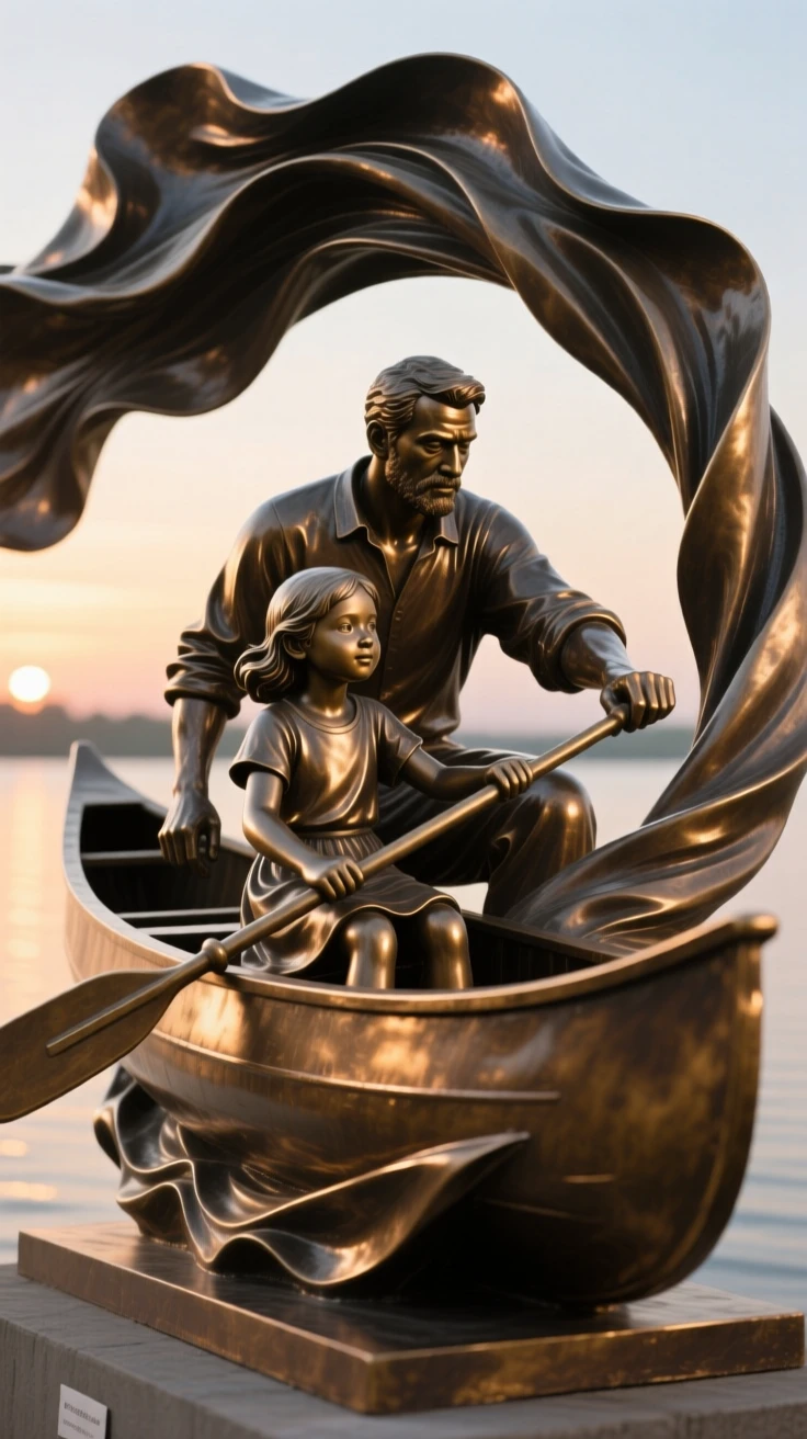 A father teaching his daughter to paddle a canoe at dawn, amid a swirl of dramatic drapery, forming a strong central focal point