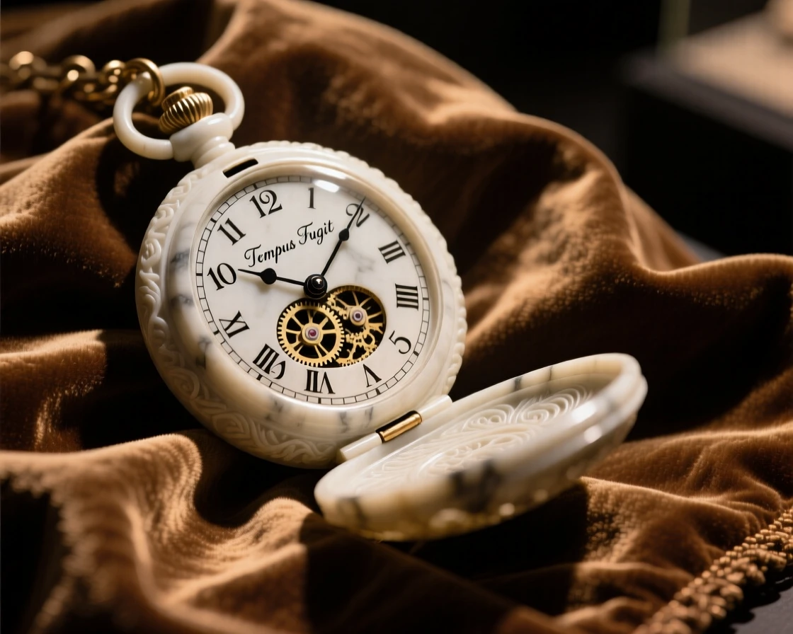 An elegant close-up study of a vintage pocket watch resting on velvet, composed with warm, dramatic lighting