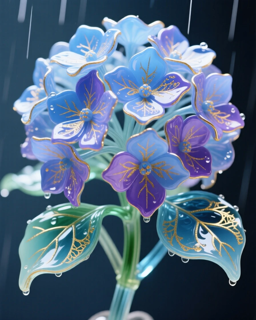 A cluster of hydrangeas in shades of blue and violet after rainfall, soft and dreamy.