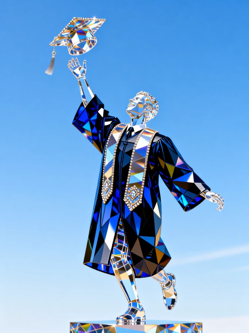 A proud graduate throwing their cap high into a clear blue sky.