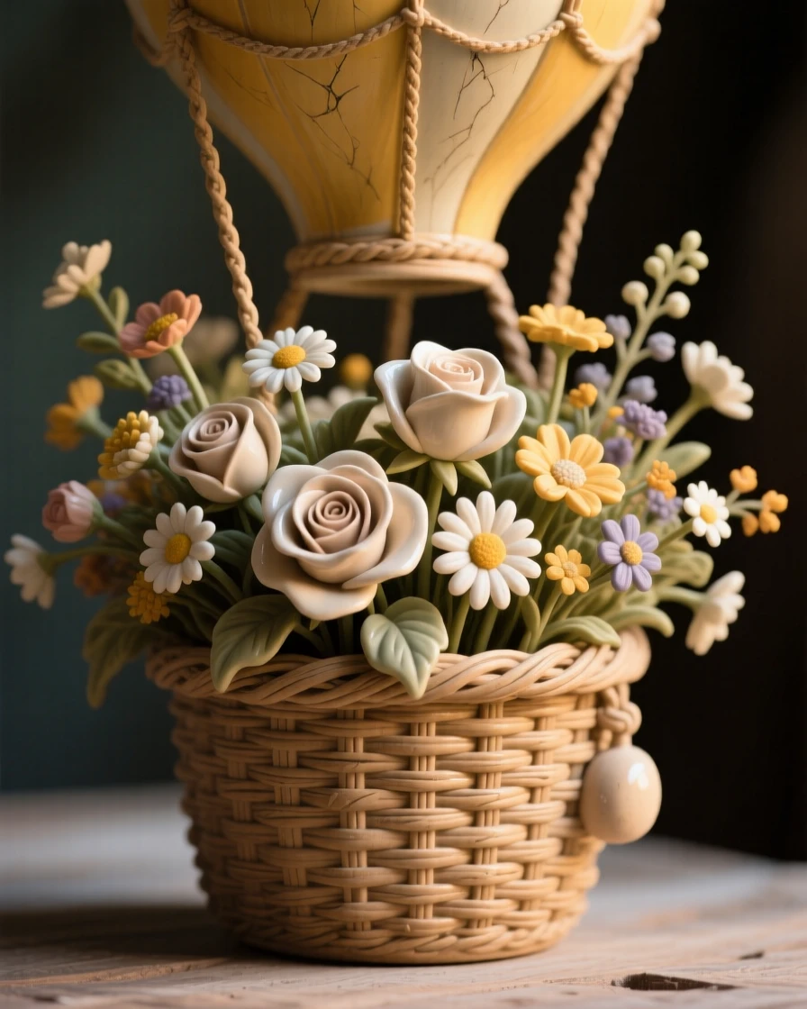 A hot air balloon basket filled with blooms arranged as a still, contemplative scene, bathed in a nostalgic golden glow, evoking nostalgia and quiet charm.