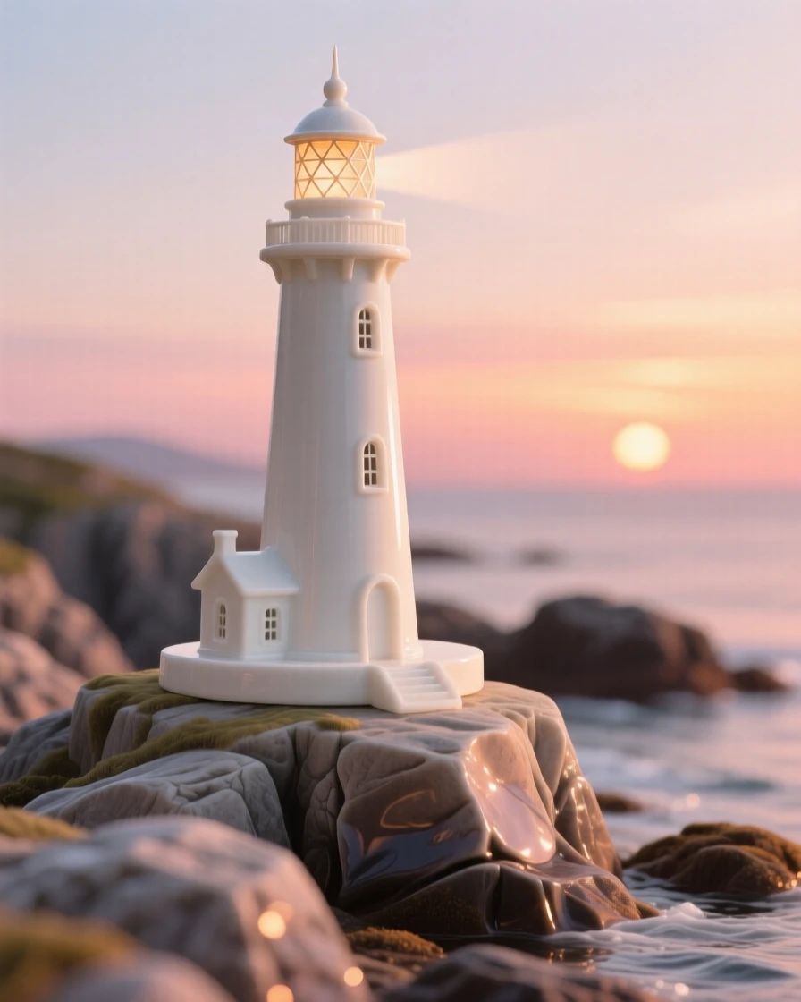 A grand view of a lighthouse on a rocky coast, glowing warmly at sunset.