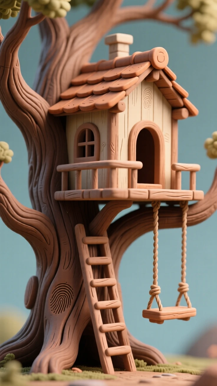 A treehouse fort built high in the branches of an old oak