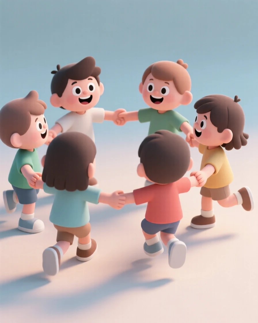 A group of children link hands in a circle, laughing as they play a spirited game of ring-around-the-rosy.