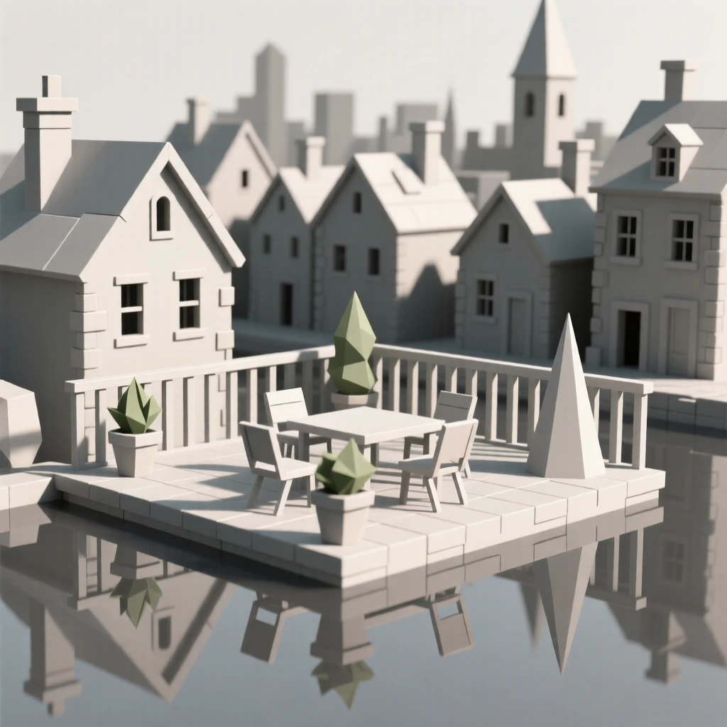 A vibrant rooftop terrace overlooking a historic old town, reflected perfectly in calm water. the framing draws the eye along a natural leading line. A gentle, welcoming warmth fills the air.
