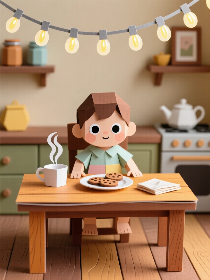 A curious toddler gathered around a warm kitchen table, with string lights twinkling overhead, evoking warmth and quiet connection.