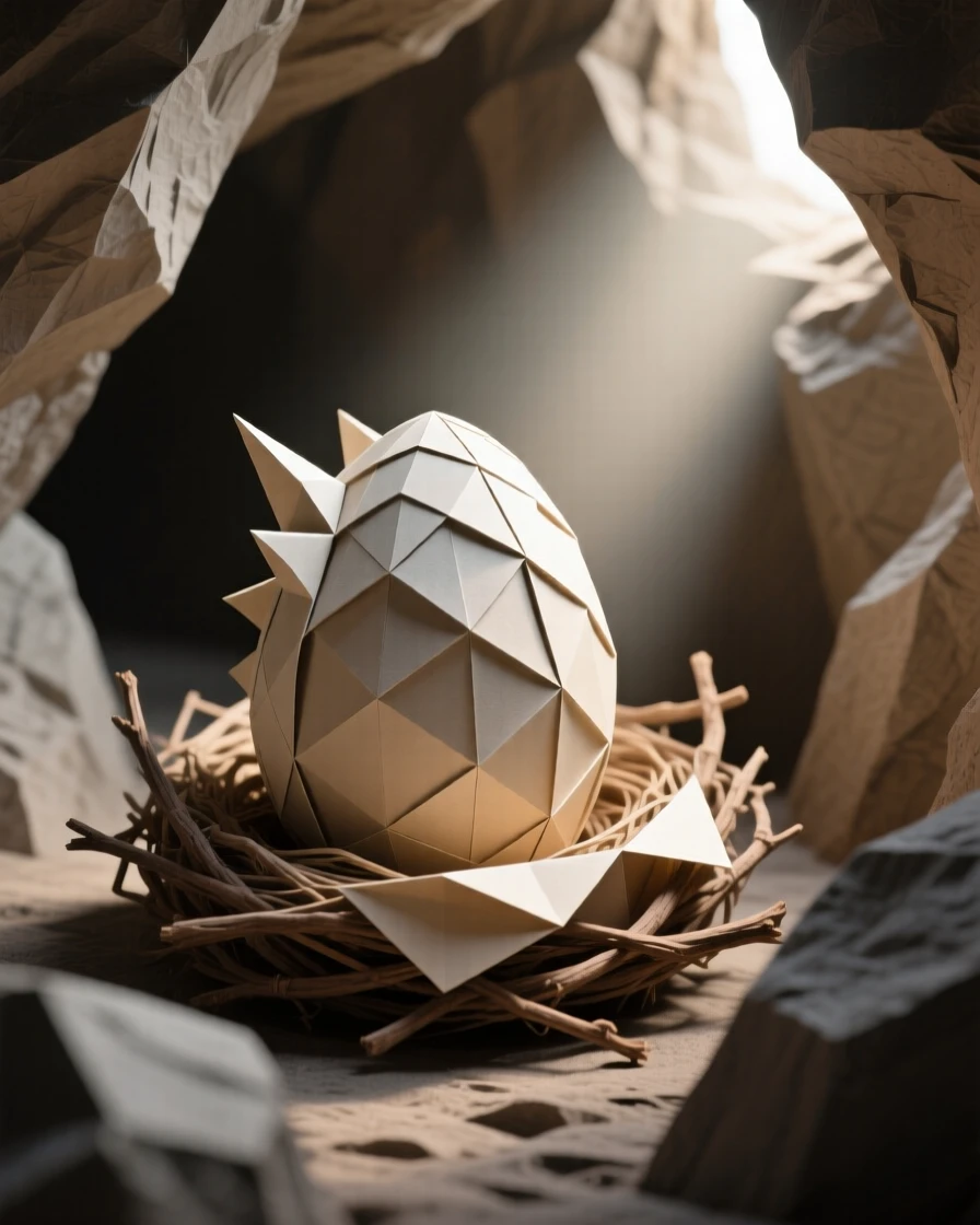 A dragon egg resting in a nest lit by a single beam of light through a cave opening.