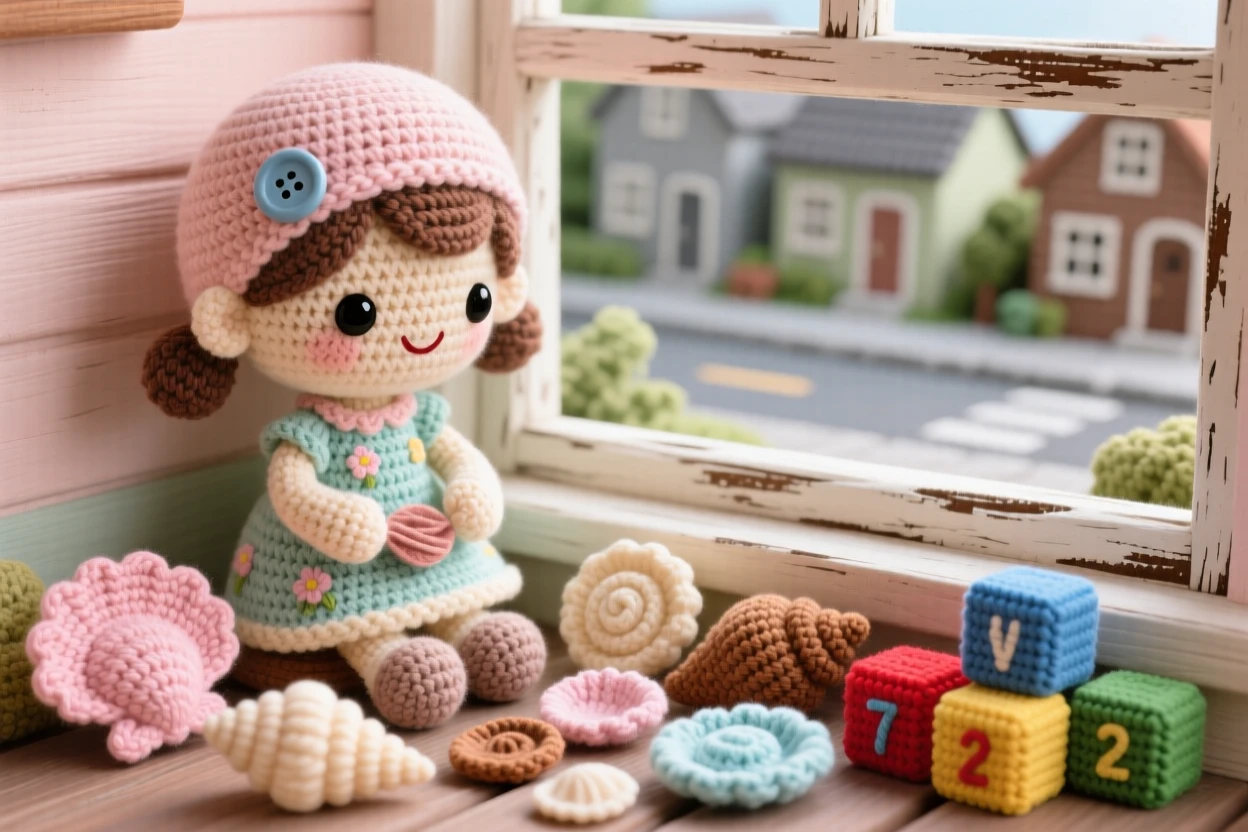a little girl arranging seashells on a windowsill, collected from a recent trip, is shown sorting shells by size and color within a quiet porch overlooking a peaceful street beside a scattering of colorful toy blocks, capturing quiet satisfaction in a small task well done.