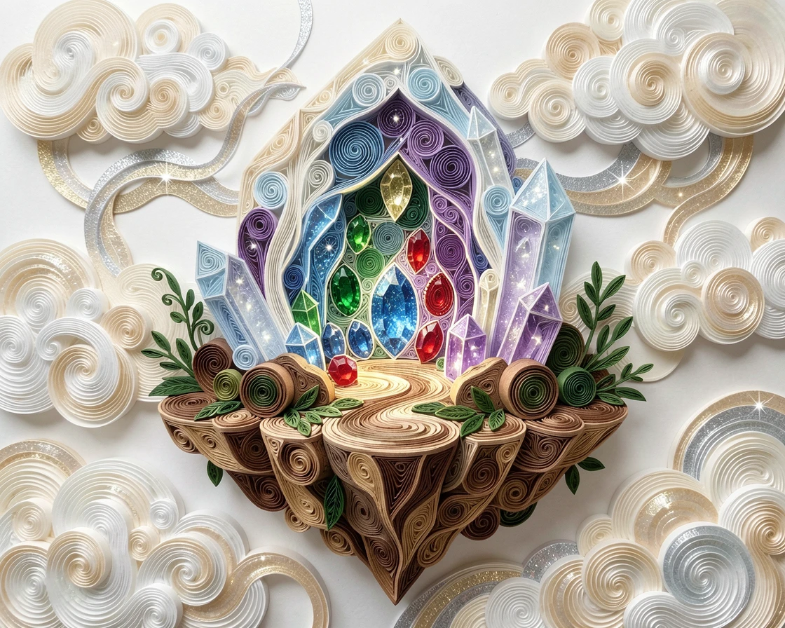 a glowing crystal cave filled with sparkling gems, atop a floating island in the clouds, captured from a sweeping cinematic wide angle, with shimmering starlight reflected on every surface.