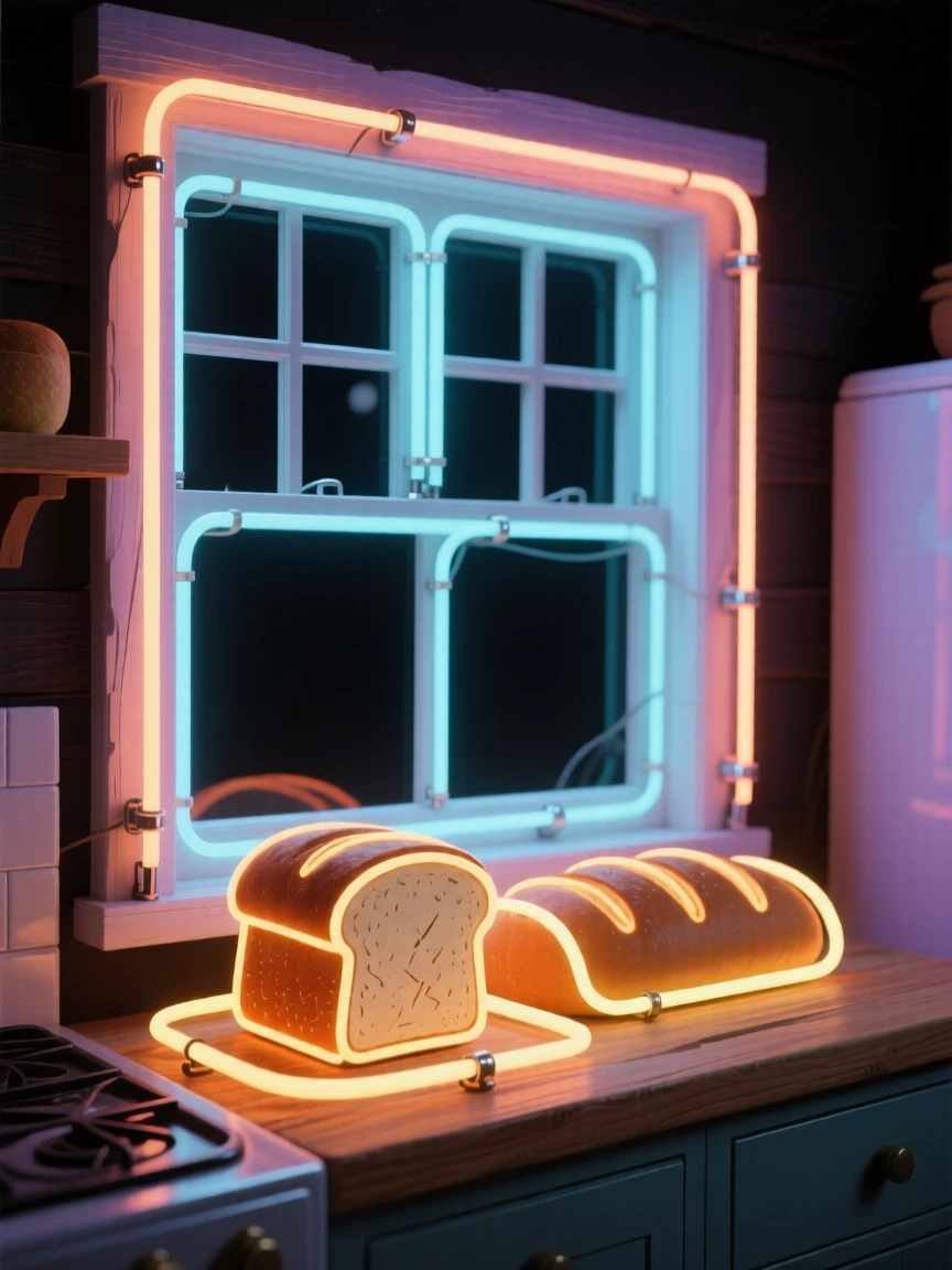 A cottage kitchen with fresh bread cooling on a windowsill.