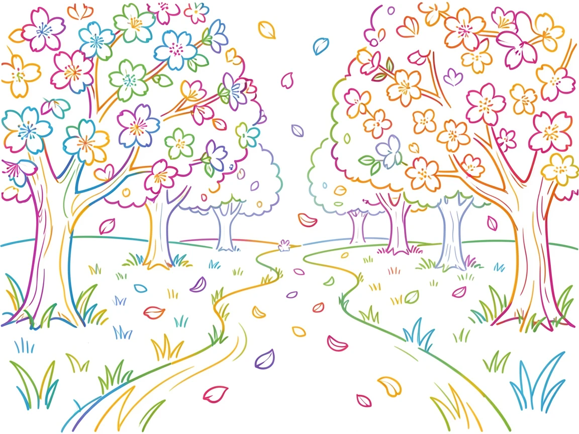 A spring orchard in full blossom with petals drifting onto a grassy path.